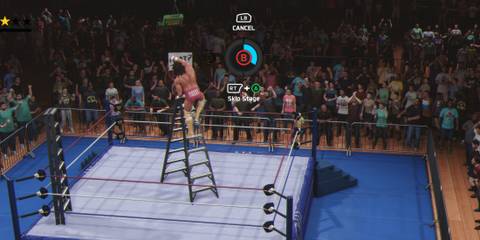 WWE 2K25 Macho Man reaching for the brieface on the ladder