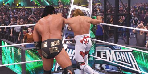 WWE 2K25  Razor attacking throwing Shawn into the ladder