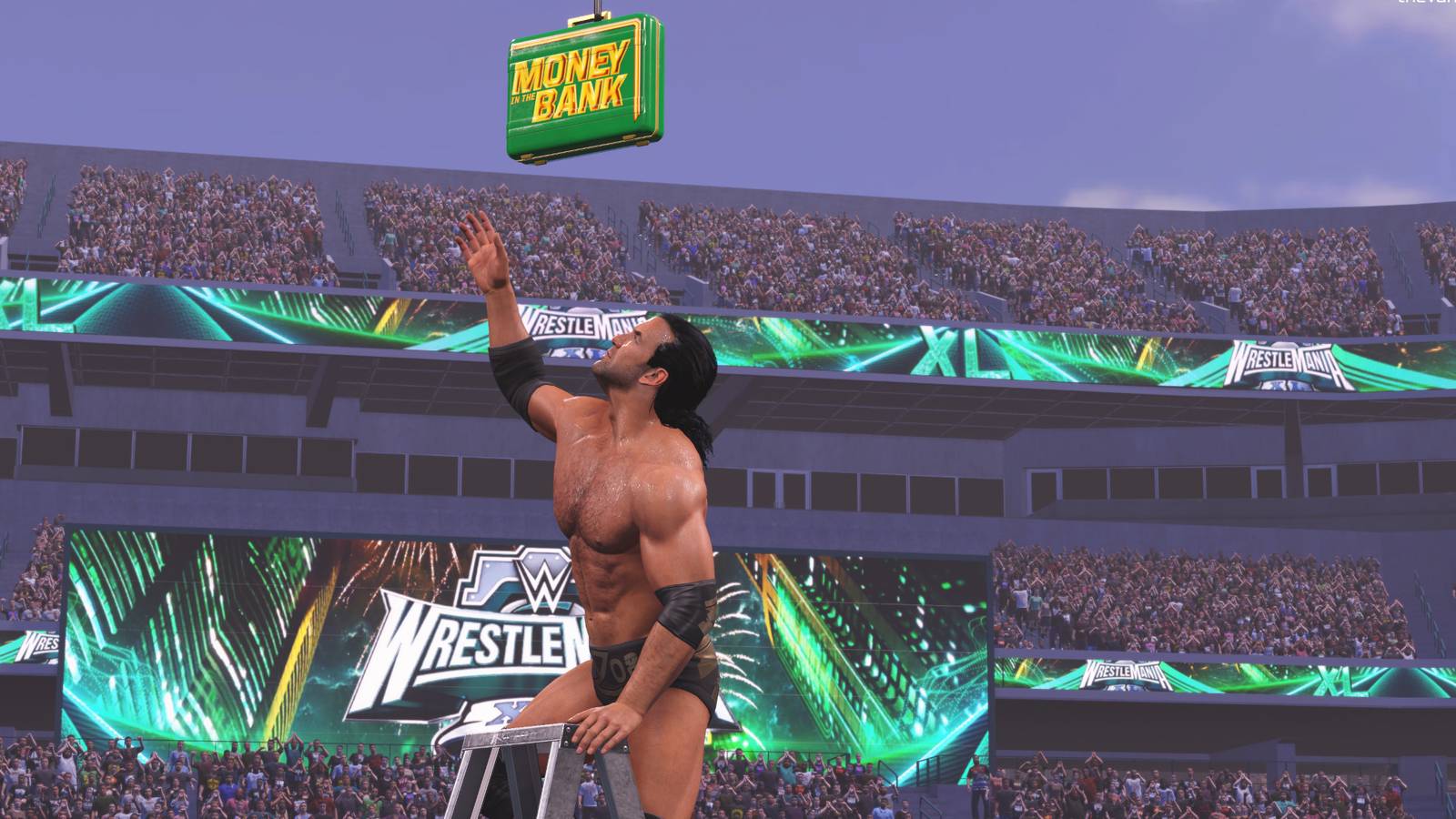 WWE 2K25 Razor reaching for the MiTB briefcase on the ladder