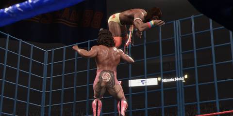 WWE 2K25  Rick Rude preventing Warrior from leaving the cage