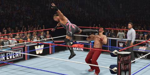 WWE 2K25 RVD hits the springboard attack to the Muta on the inside