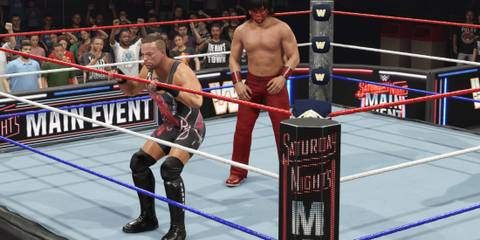 WWE 2K25 RVD prepares diving attack to the Muta on the inside