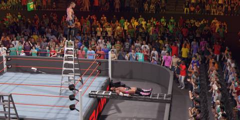 WWE 2K25 RVD prepares to dive attack Punk on the bridged ladder