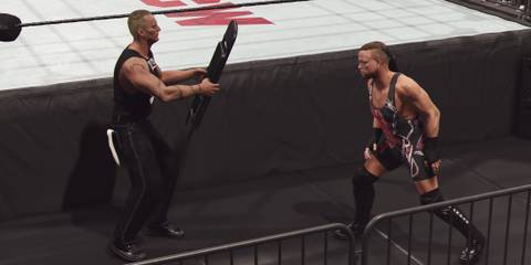 WWE 2K25 RVD readies the Vandaminator. by throwing the chair at The Sandman