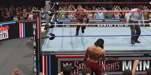 WWE 2K25 RVD running to hit the diving attack to the Muta on the outside