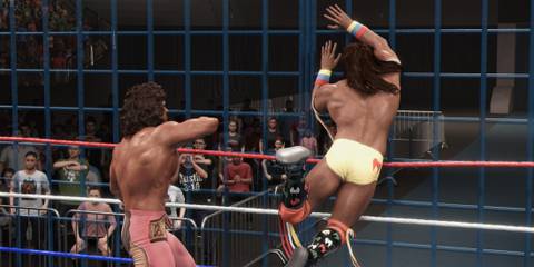 WWE 2K25 Warrior is thrown by Rick Rude into the cage