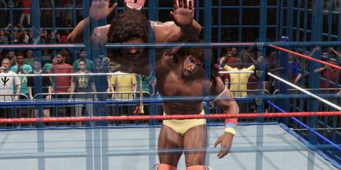 WWE 2K25 Warrior throws Rick Rude into the cage