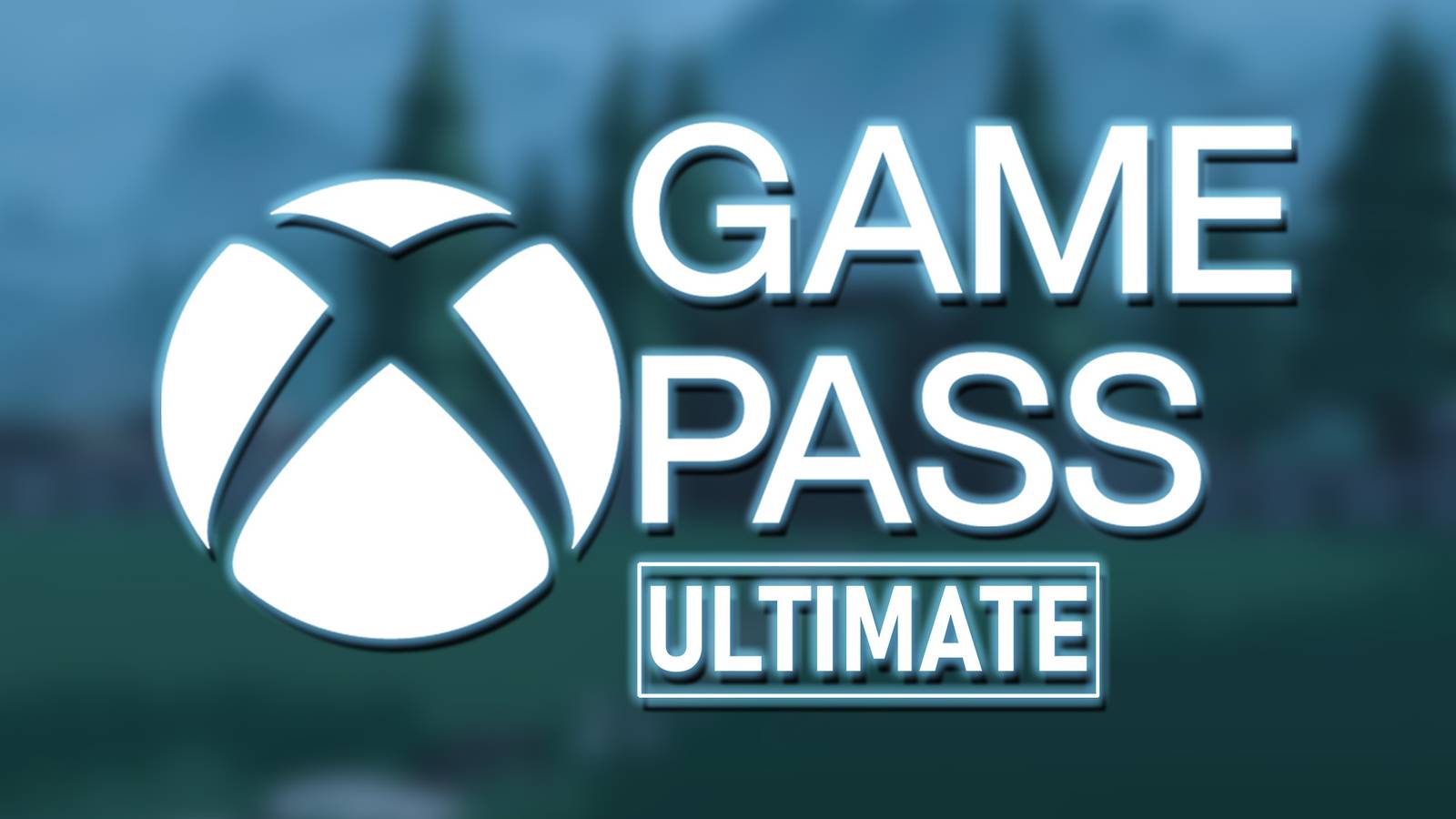 Xbox Game Pass Ultimate logo over blurred Blue Prince promo gameplay screenshot