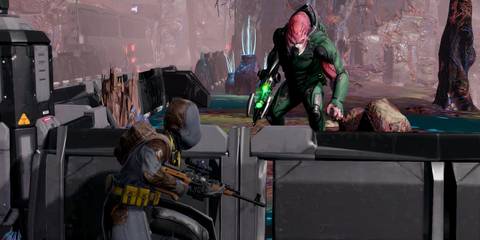 A Reaper unit hiding behind cover from a Muton in XCOM 2