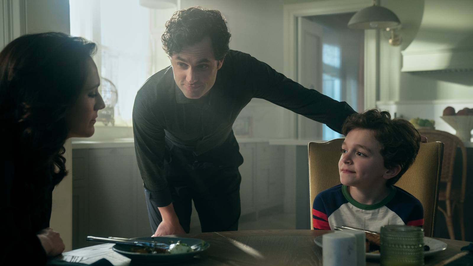 Kate (Charlotte), Joe (Penn Badgley), and Henry (Frankie DeMaio) on You