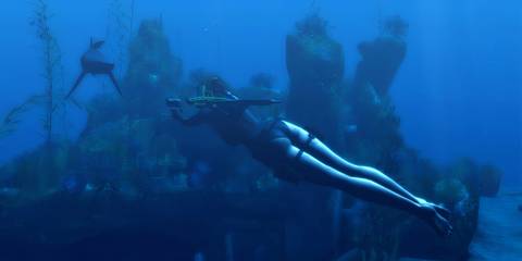 Lara swims with a shark in Tomb Raider Underworld