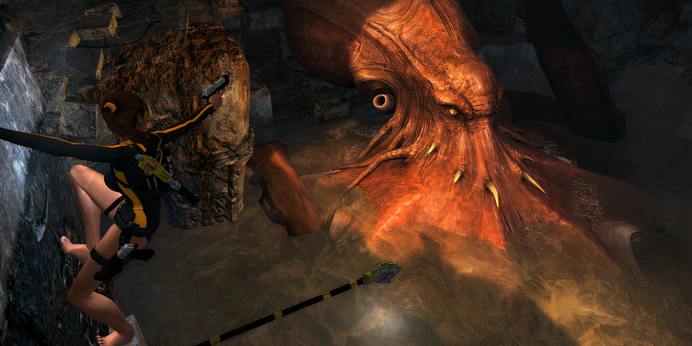 Fighting a beast in Tomb Raider Underworld