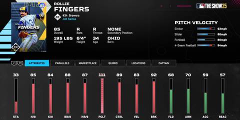 MLB The Show 25 rollie fingers player stats 2025