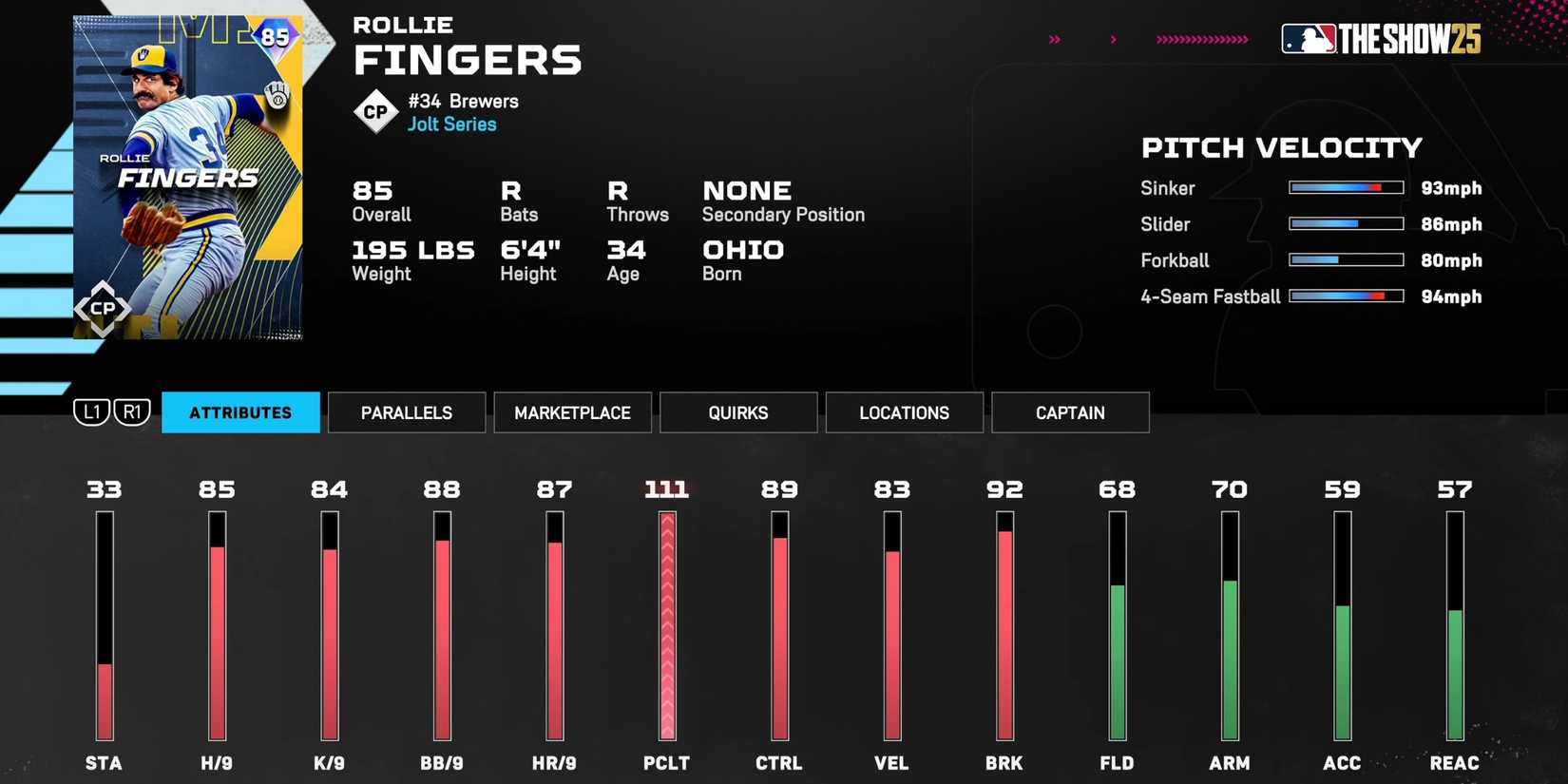 MLB The Show 25 rollie fingers player stats 2025
