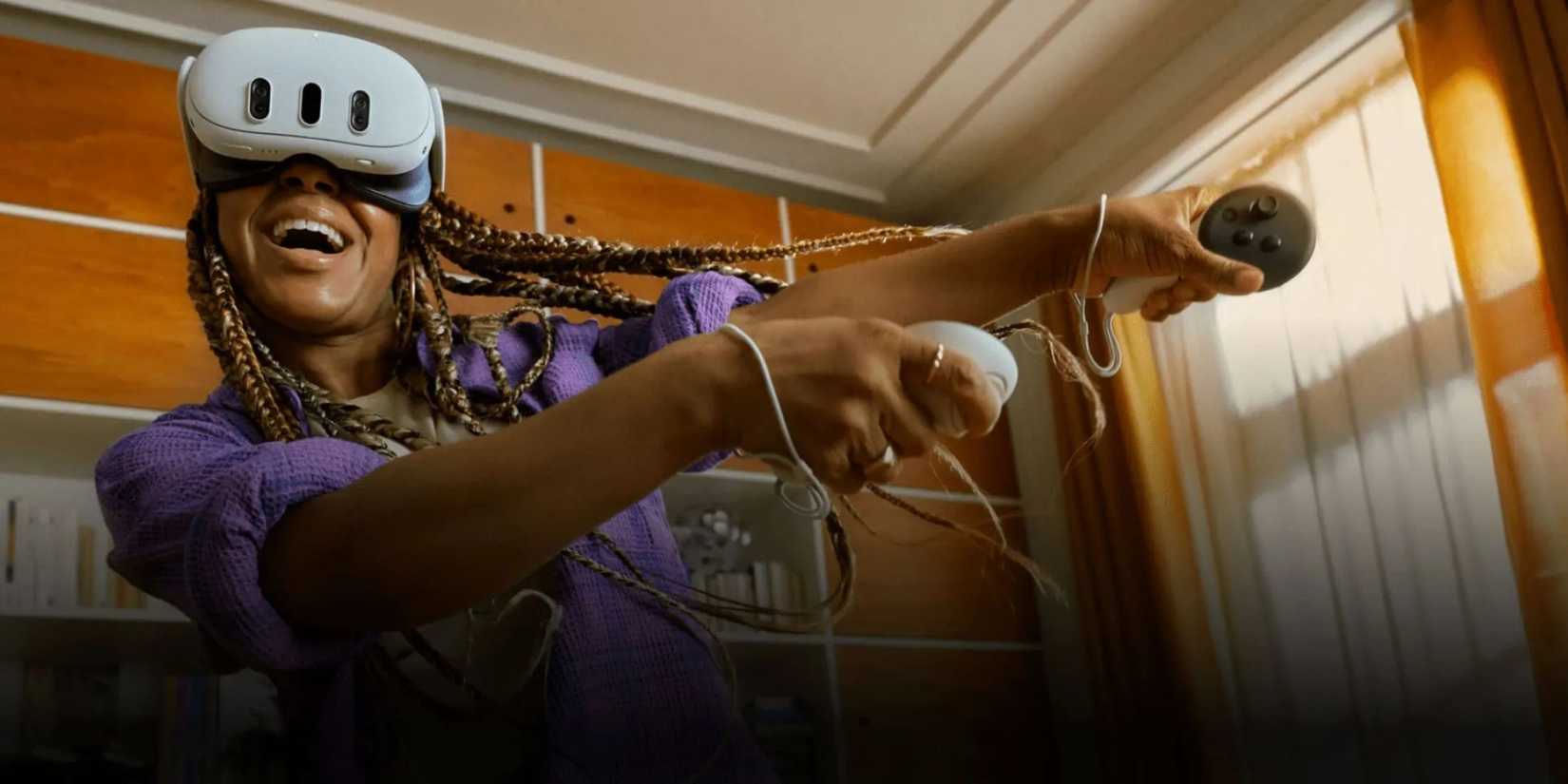 Image of a woman using the controllers on a meta quest 3
