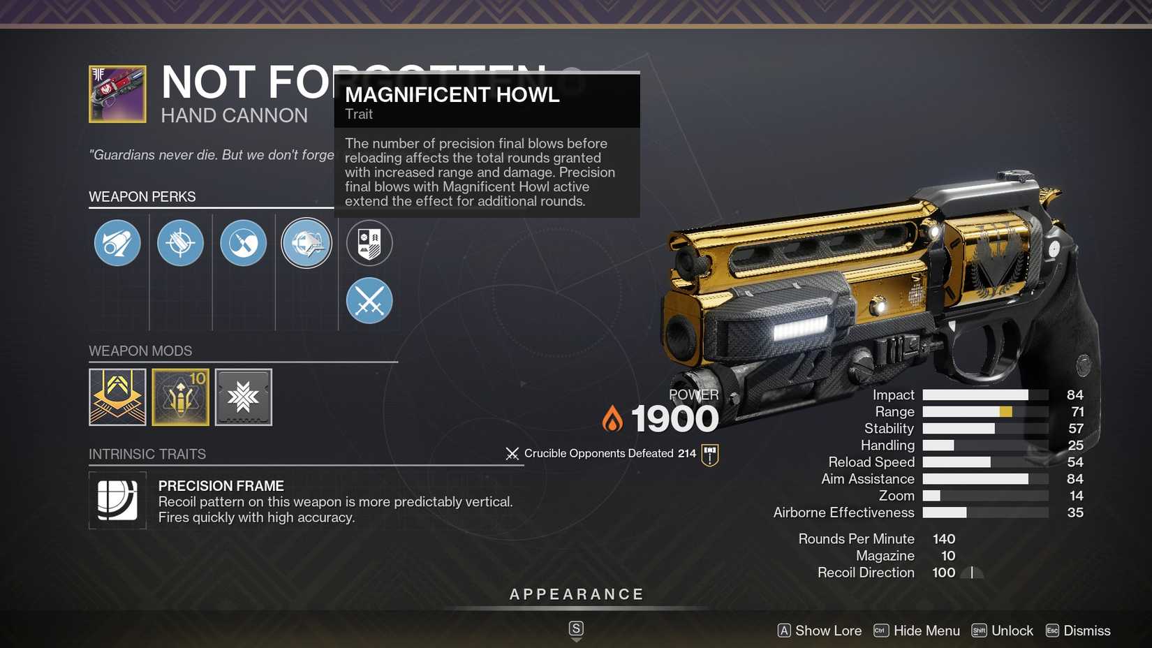Destiny 2 Not Forgotten Magnificent Howl perk