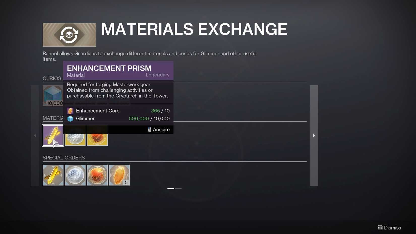 Destiny 2 Material Conversion screen