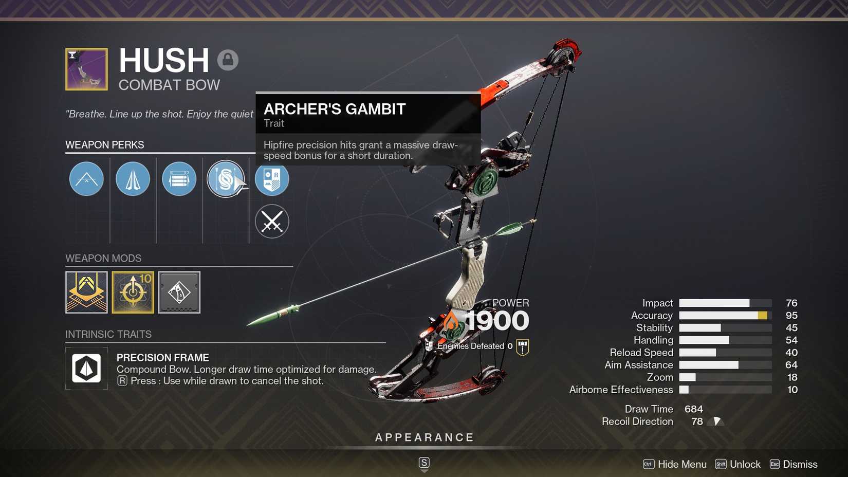 Destiny 2 Hush God Roll Opening Shot Archer's Gambit