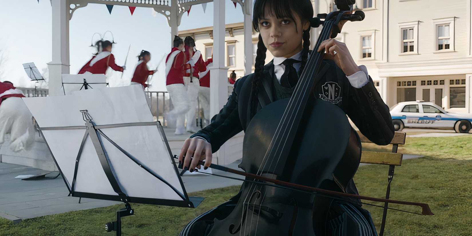 Wednesday playing Cello in Wednesday.