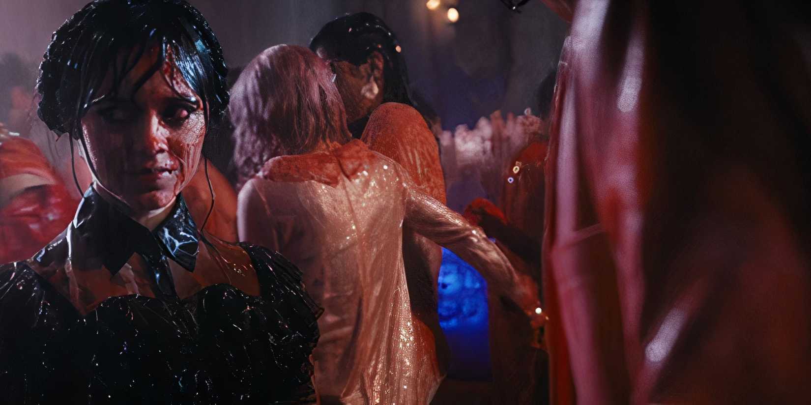 Wednesday smiles as blood-red rain comes down in Wednesday.