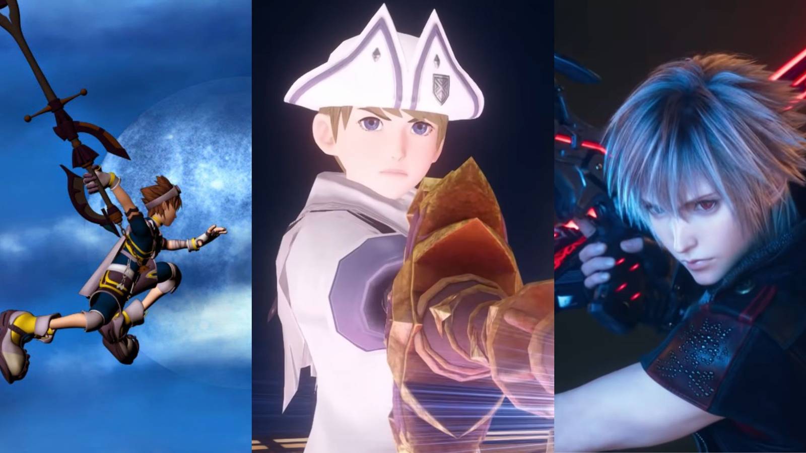 A collage of three canceled games from the Kingdom Hearts series: Kingdom Hearts Fragmented Keys, Kingdom Hearts Missing-Link and Verum Rex.