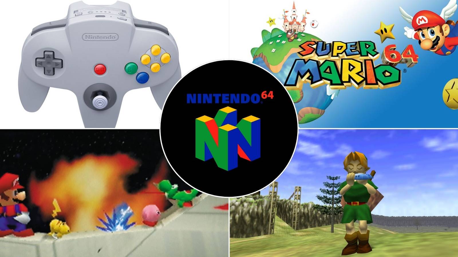 A collage of all the great things the Nintendo 64 did better than other Nintendo consoles: its revolutionary analog stick, Super Mario 64, Super Smash Bros and the Legend of Zelda: Ocarina of Time.