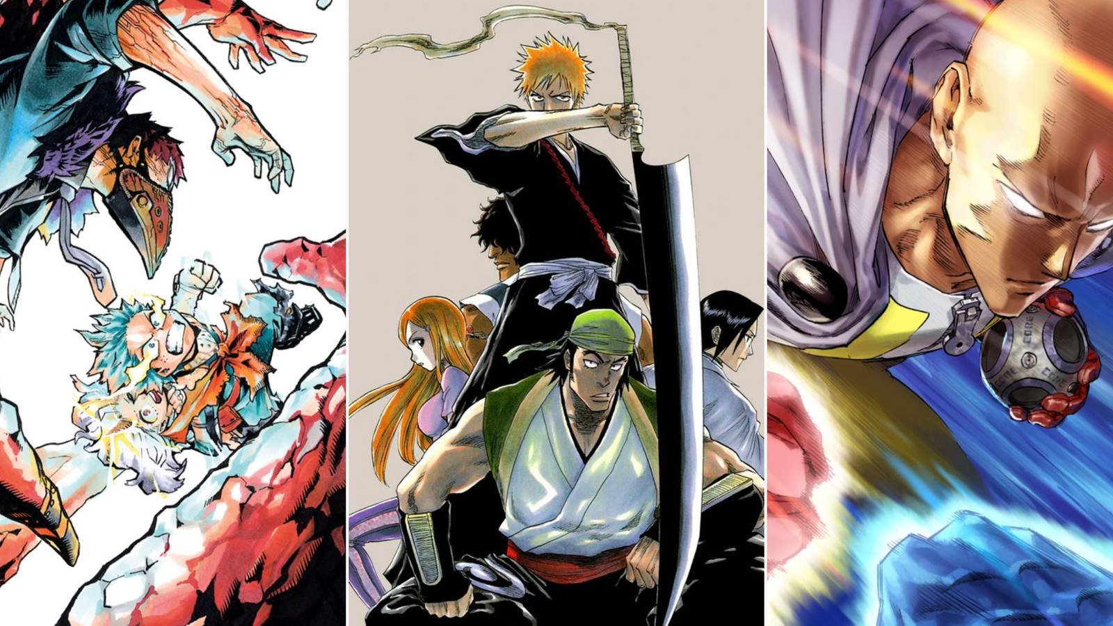 A collage of colored covers from three of the best action manga series: My Hero Academia, Bleach and One Punch Man.