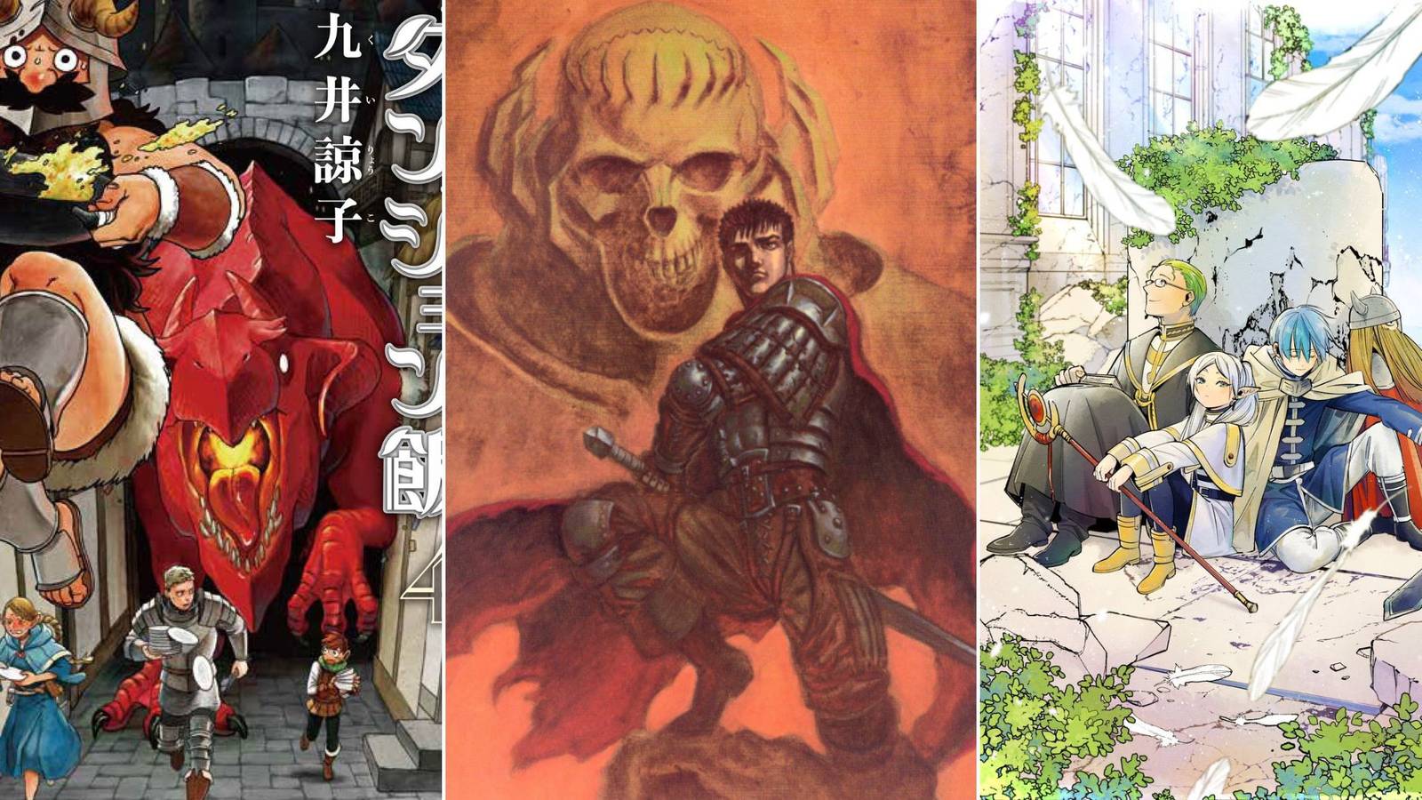 A collage of colored covers from 3 excellent fantasy manga: Delicious in Dungeon, Berserk and Frieren: Beyond Journey's End
