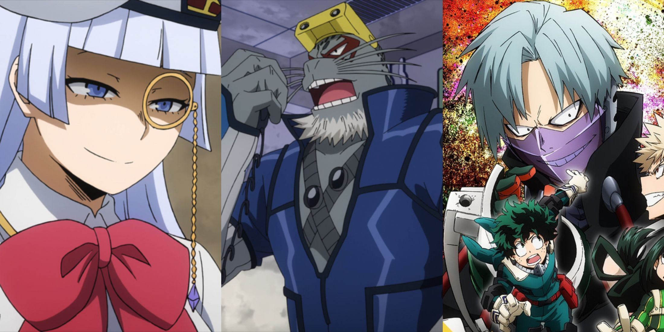 Ett collage av tre anime-original My Hero Academia-karaktärer: Saiko Intelli, Selkie och Romero Fujimi.
