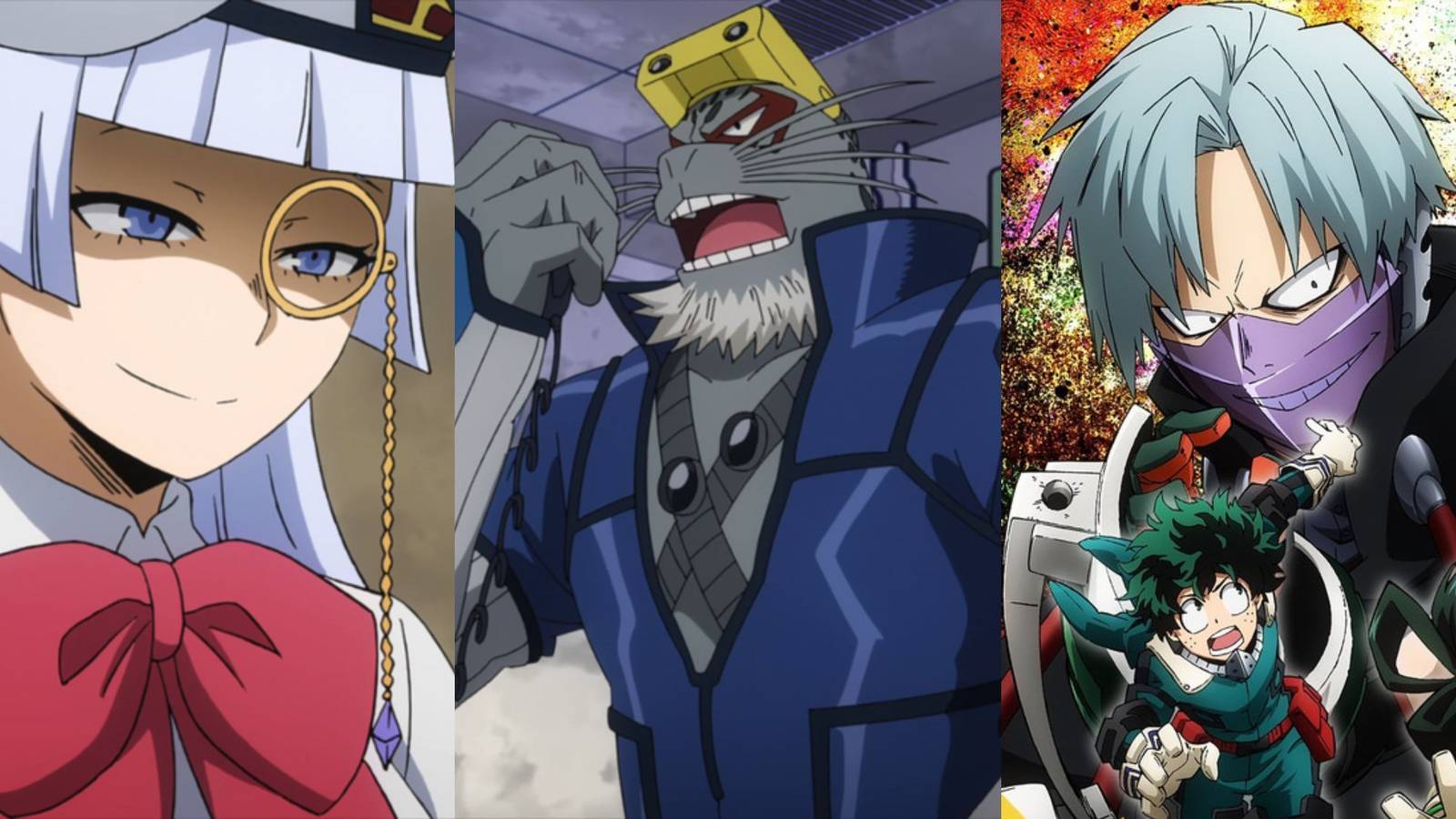 A collage of three anime-original My Hero Academia characters: Saiko Intelli, Selkie and Romero Fujimi.