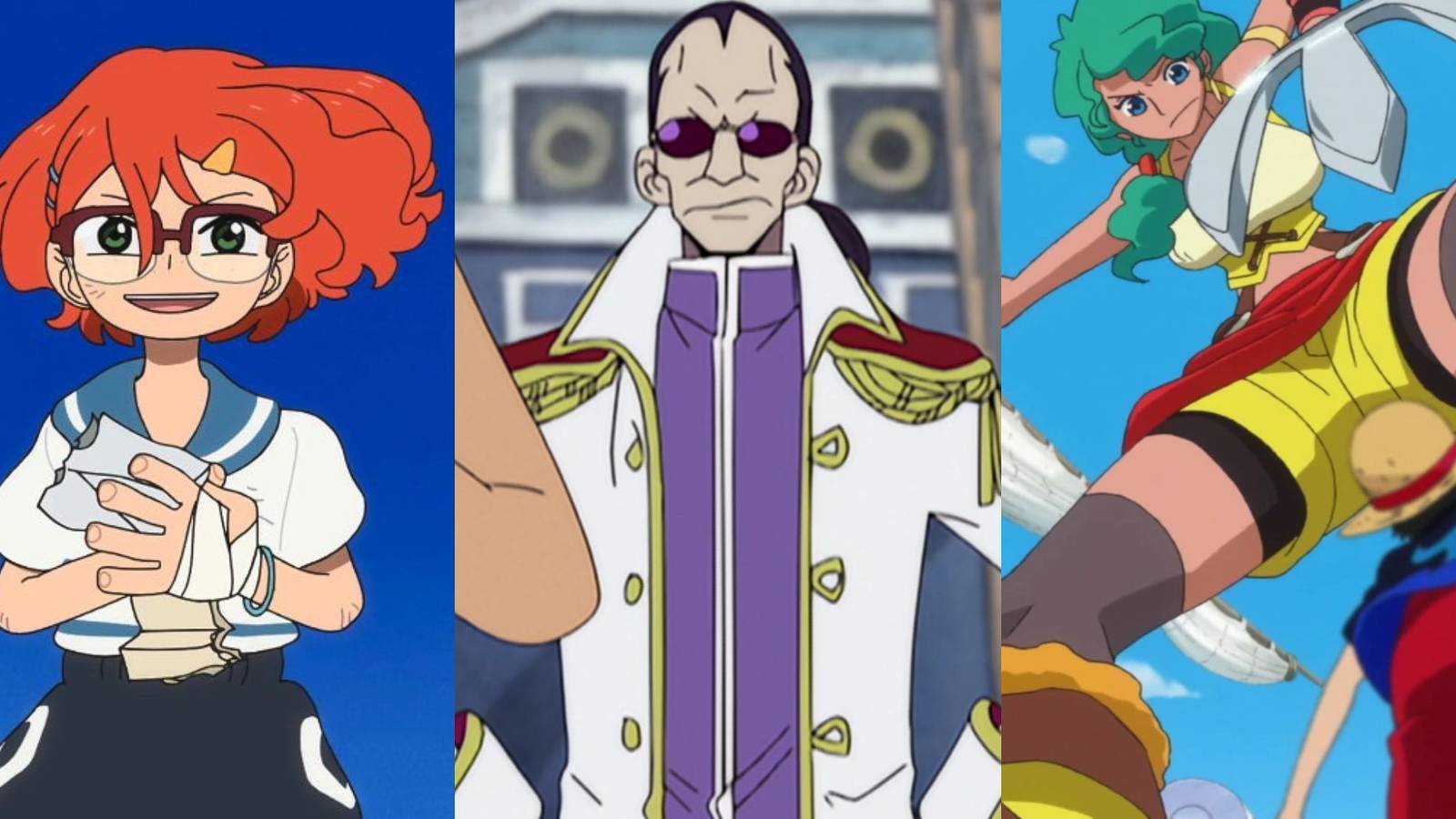 A collage of three great One Piece who were created for the anime: Nami's fan girl, Shepherd (Condoriano) and Lily Enstomach.