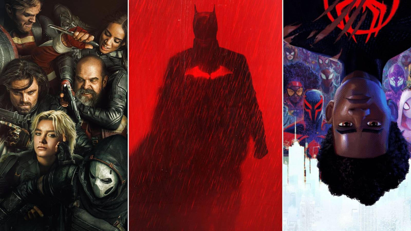 A collage of three excellent superhero movies from the 2020s: Thunderbolts*, Spider-Man: Across the Spider-Verse and The Batman.