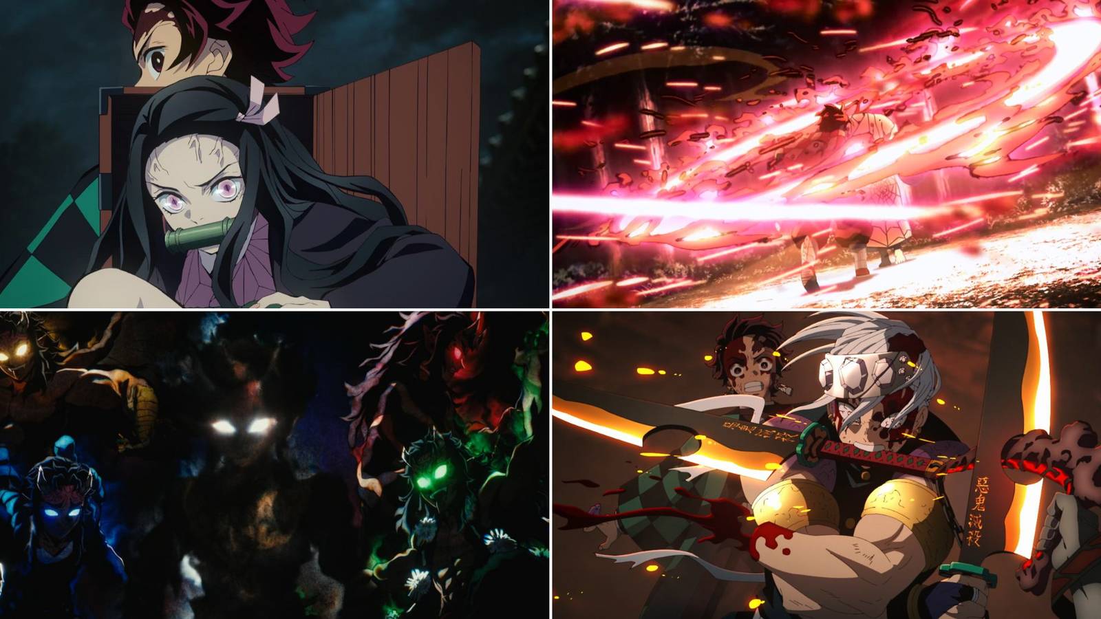 A collage of four excellent team fights in Demon Slayer: Vs. Swamp Demon, Vs. Rui, Vs. Hantengu and Vs. Daki and Gyutaro.