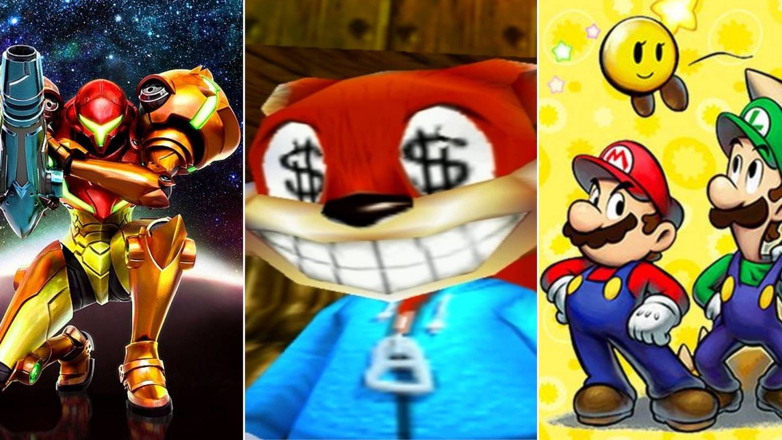 A collage of three great Nintendo games that sold poorly: Metroid: Samus Returns, Conker's Bad Fur Day and Mario & Luigi: Bowser's Inside Story + Bowser Jr.'s Journey