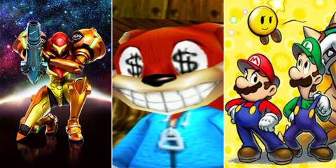 A collage of three great Nintendo games that sold poorly: Metroid: Samus Returns, Conker's Bad Fur Day and Mario & Luigi: Bowser's Inside Story + Bowser Jr.'s Journey