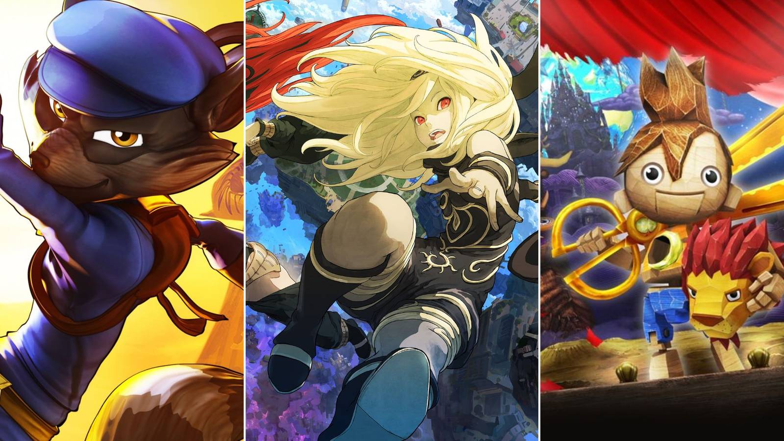 A collage of three great PlayStation exclusive titles that sold poorly: Sly Cooper: Thieves in Time, Gravity Rush 2 and Puppeteer.