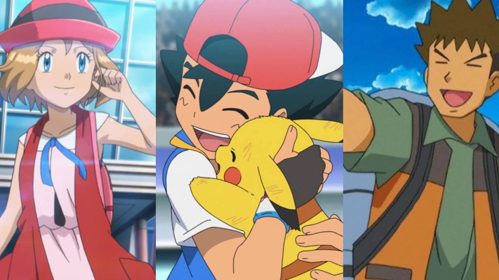 A collage of three popular characters from the Pokemon anime: Serena, Ash Ketchum (and Pikachu) and Brock.