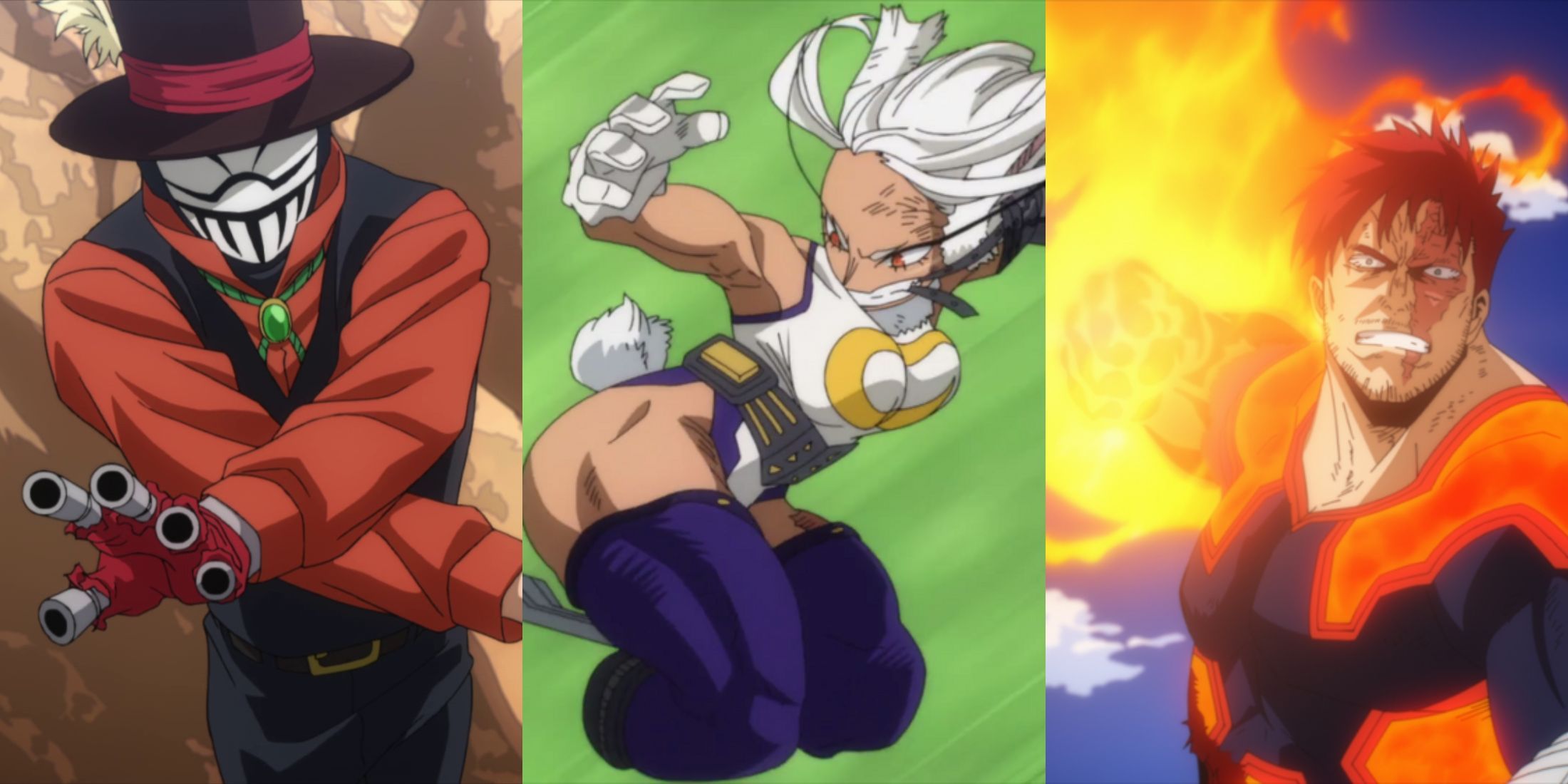 Collage of three heroes who lost their limbs: Mr. Mr. Compress, Mirko and Endeavor.