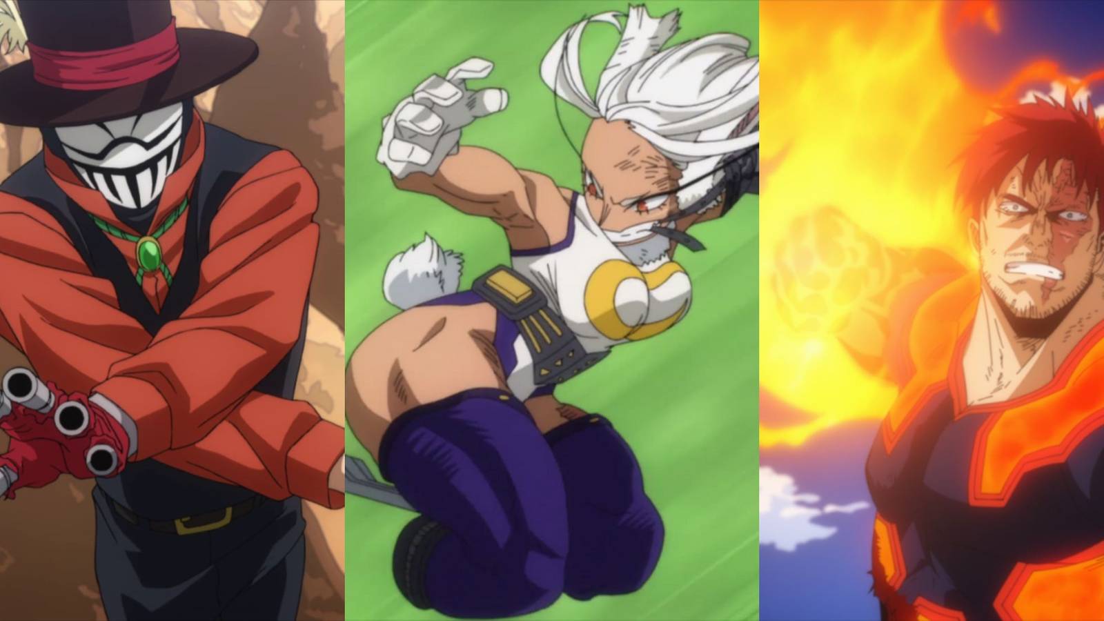 A collage of three My Hero Academia characters who have lost a limb or two: Mr. Compress, Mirko and Endeavor.
