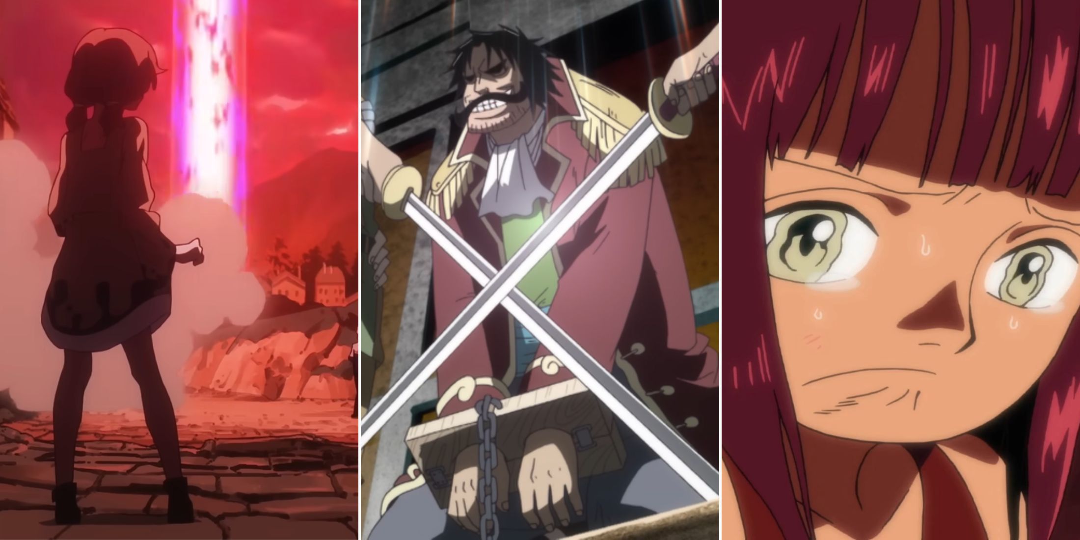 A collage of three sad events from the One -Piece Axis: The deletion of Lulusia Kingdo, the execution of Gol D. Roger and the incident in Ohara.