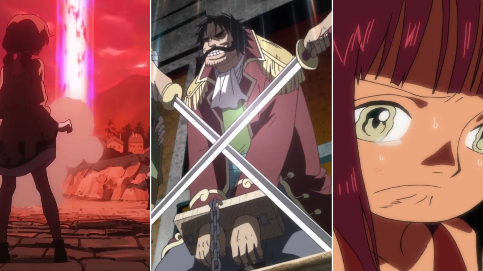 A collage of three sad events from the One Piece timeline: the erasure of the Lulusia Kingdo, the execution of Gol D. Roger and the Ohara Incident.