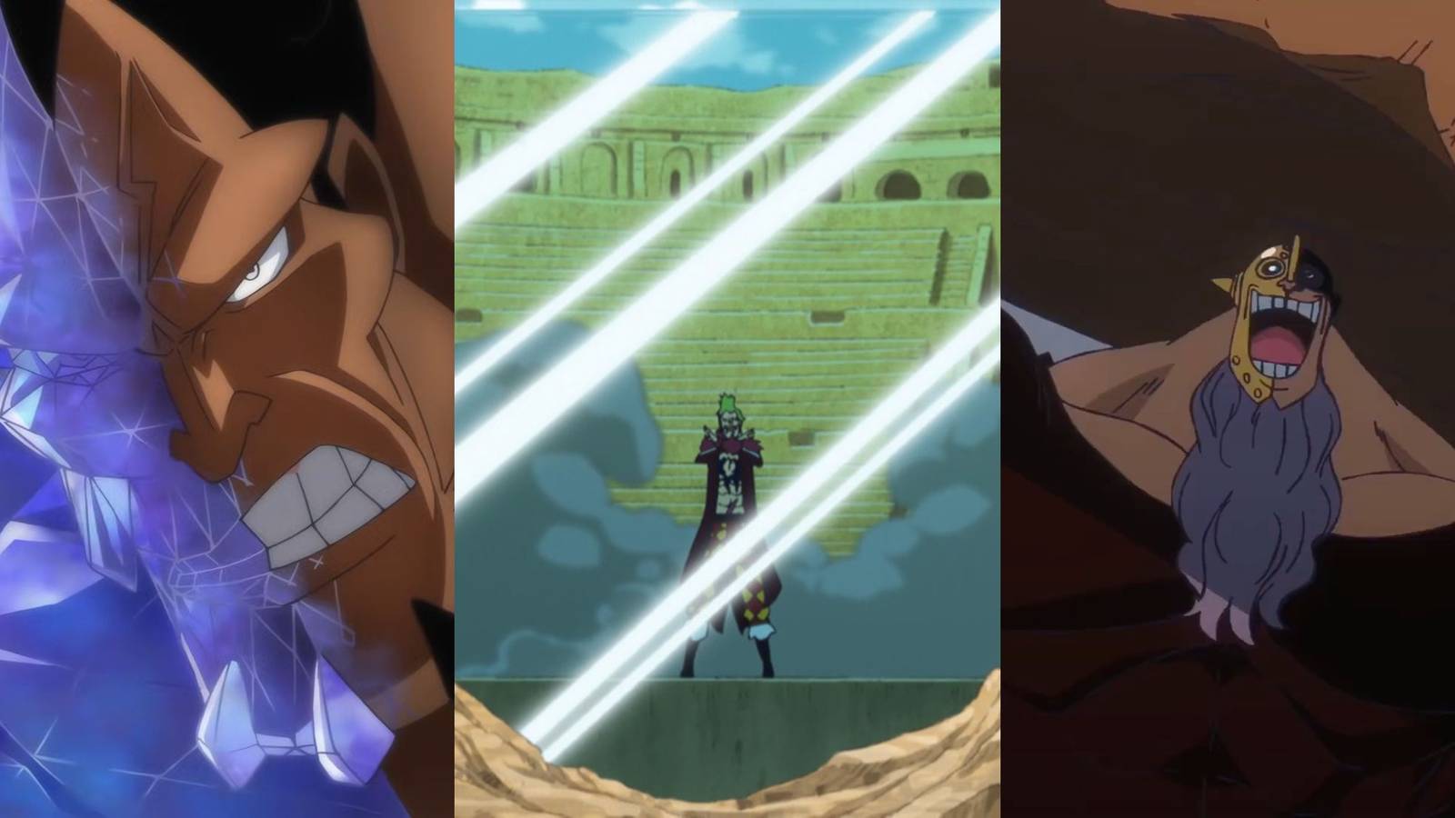 A collage of three One Piece characters with simplistic devil fruit powers: Jozu, Bartolomeo and Jesus Burgess.