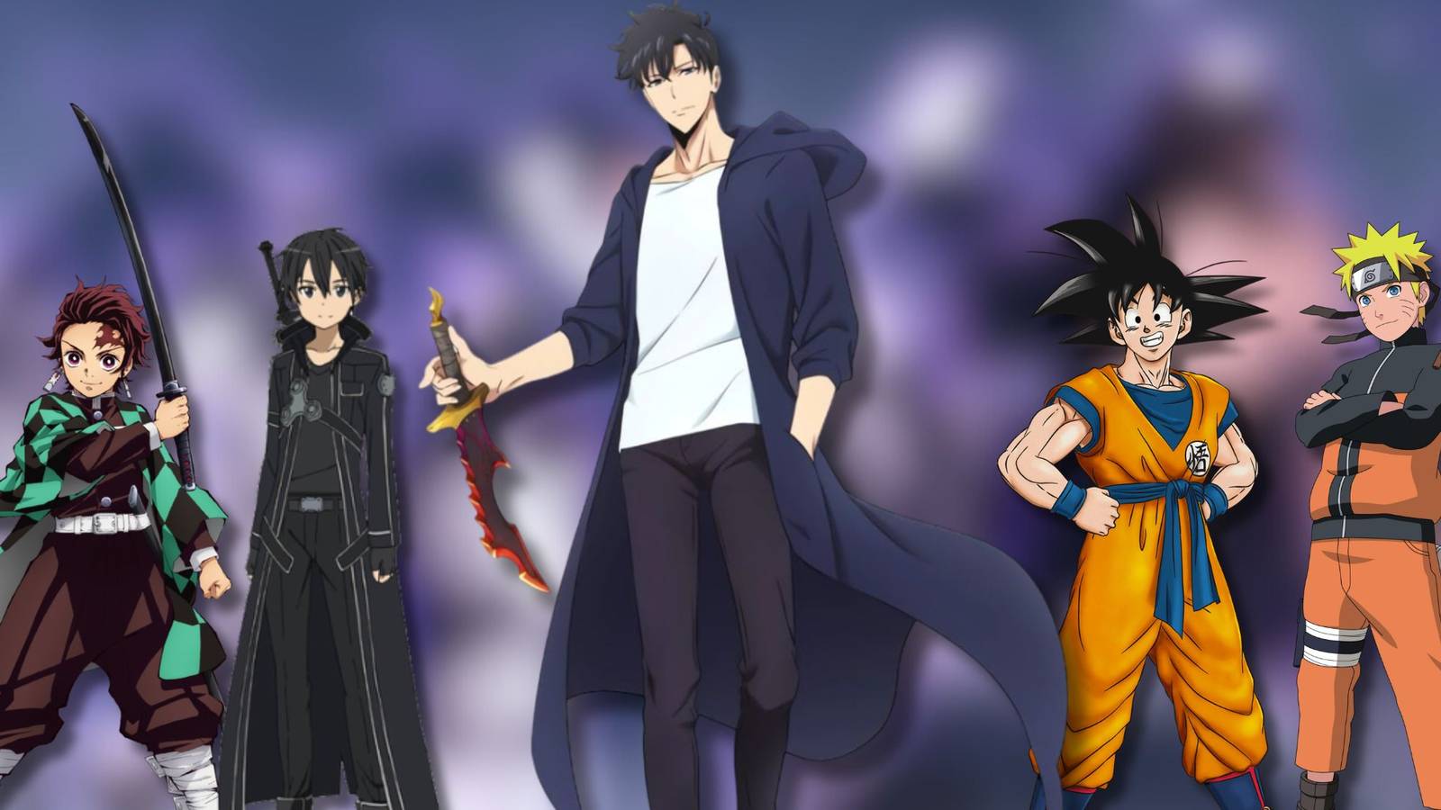 A collage of Sung Jin-woo from Solo Leveling with other protagonists from popular action anime: Tanjiro from Demon Slayer, Kirito from Sword Art Online, Goku from Dragon Ball and Naruto from Naruto.