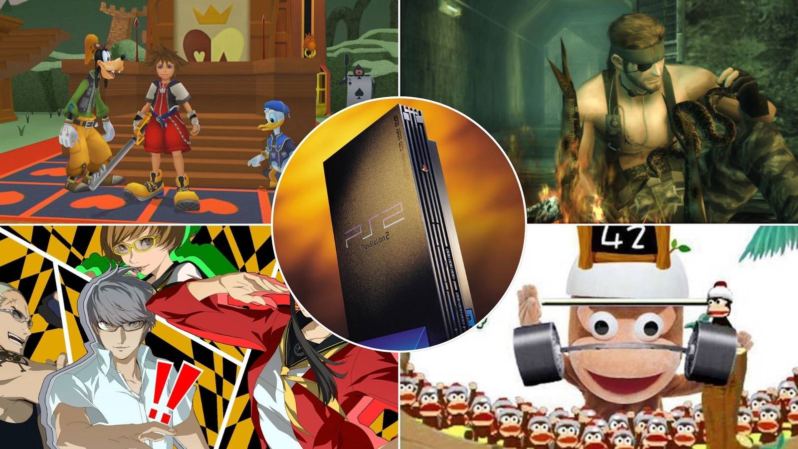 A collage of four great games that represent great things the PlayStation 2 did better than any other Sony console: Kingdom Hearts, Metal Gear Solid 3: Snake Eater, Persona 4 and EyeToy: Monkey Mania.