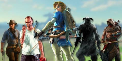 A collage of Link from The Legend of Zelda: Breath of the Wild alongside other characters from popular open-world games: Arthur from Red Dead Redemption 2, Trevor from GTA 5, The Dovahkiin from Skyrim and Bayek from Assasin's Creed: Origins.