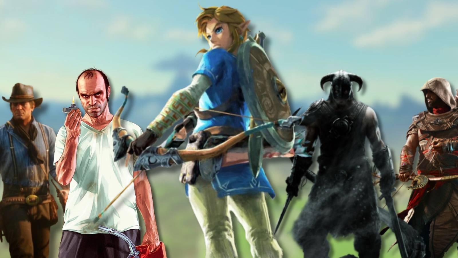 A collage of Link from The Legend of Zelda: Breath of the Wild alongside other characters from popular open-world games: Arthur from Red Dead Redemption 2, Trevor from GTA 5, The Dovahkiin from Skyrim and Bayek from Assasin's Creed: Origins.