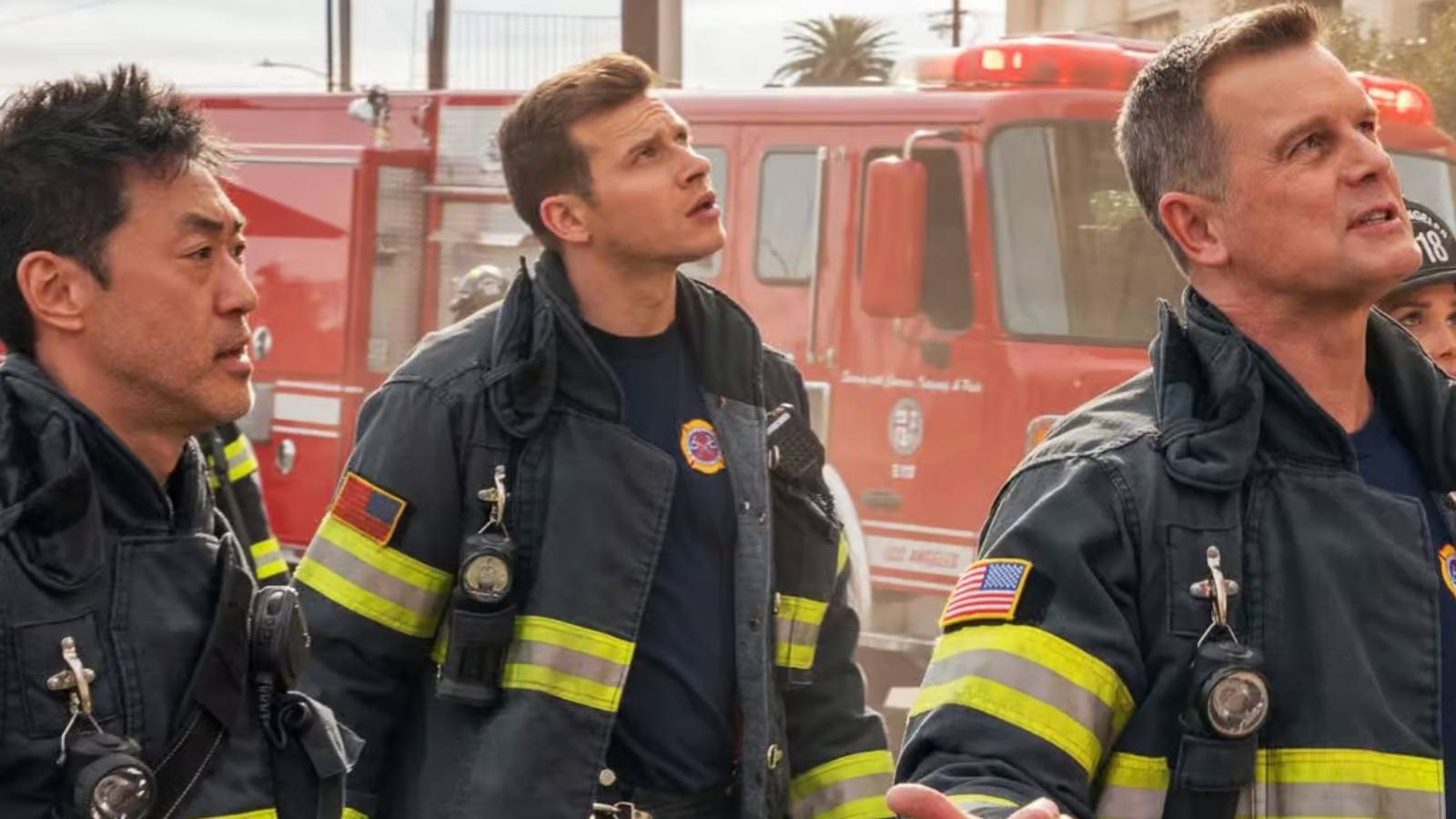 Chimney (Kenneth Choi), Buck (Oliver Stark), and Bobby (Peter Krause) on 9-1-1