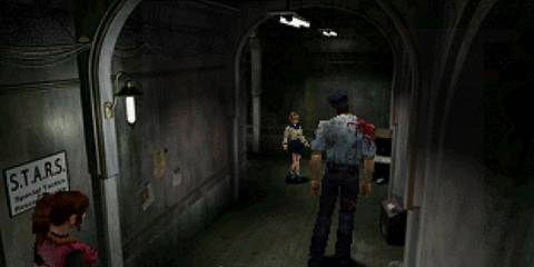 A cutscene featuring characters in Resident Evil 2 (PS1)