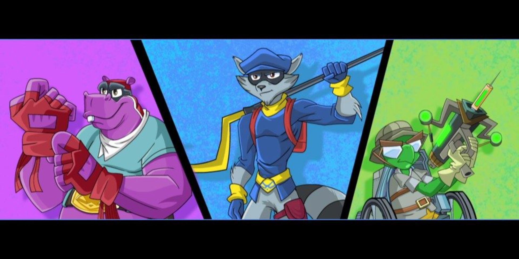 A group shot of the three main characters (Murray, Sly and Bentley) in the opening cutscene - Sly Cooper Thieves In Time