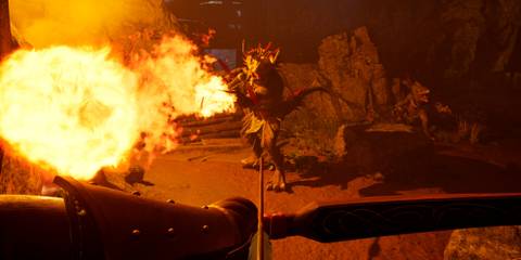 A Key Frame From Avowed Showing A First-Person Perspective Of A Player Wielding A Bow Against An Enemy